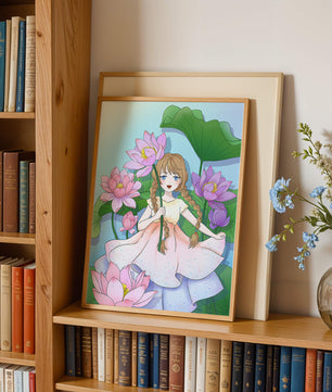 Illustration fantaisiste d'une jeune fille aux cheveux tressés parmi des fleurs de lotus