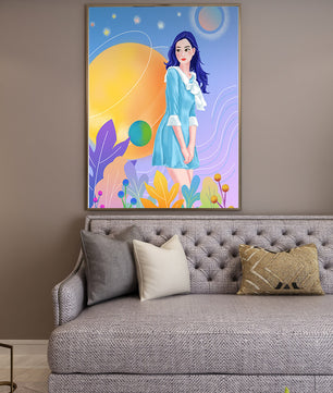 Ilustración de fantasía de una mujer en un jardín cósmico con colores vibrantes