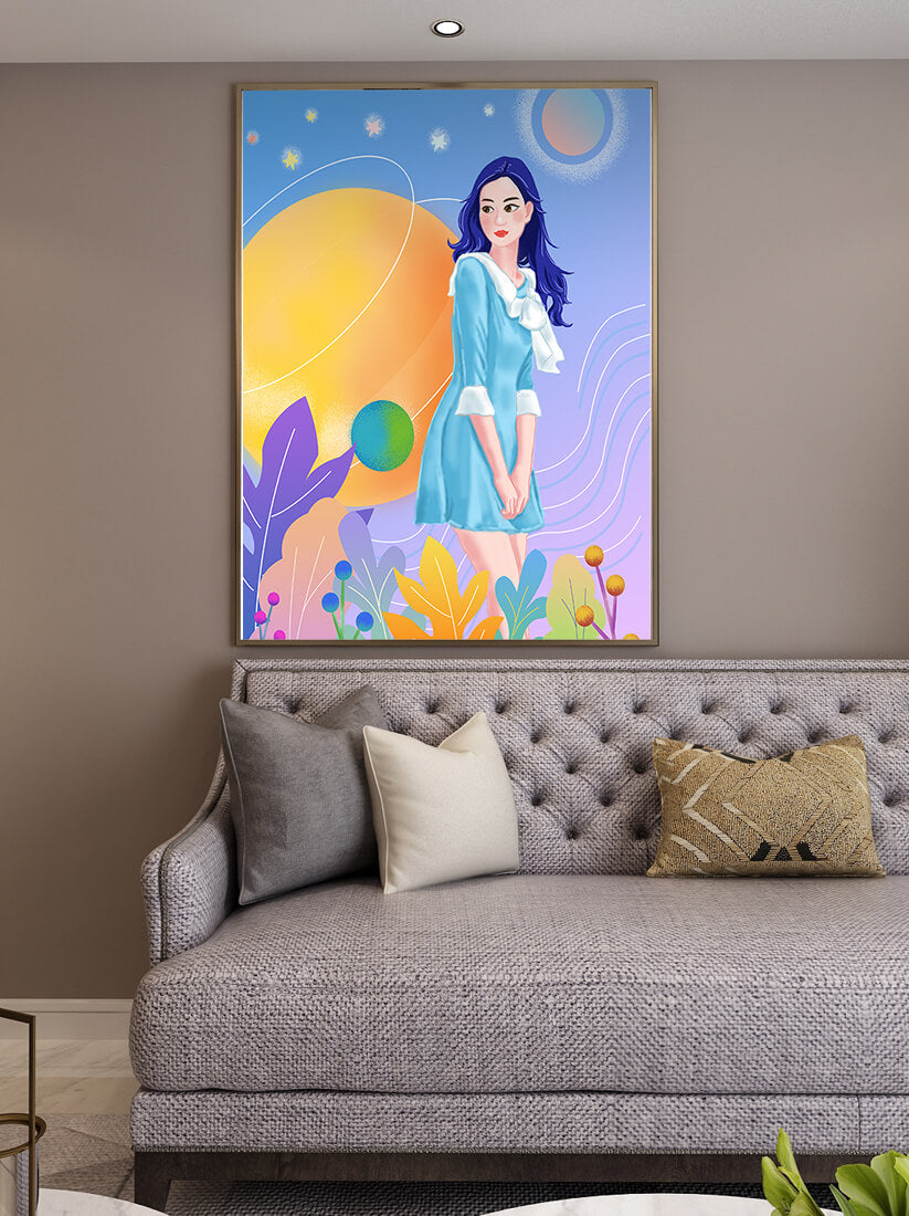 Ilustración de fantasía de una mujer en un jardín cósmico con colores vibrantes