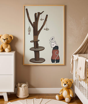 Illustration of a cat tree with a thoughtful cat in a sweater