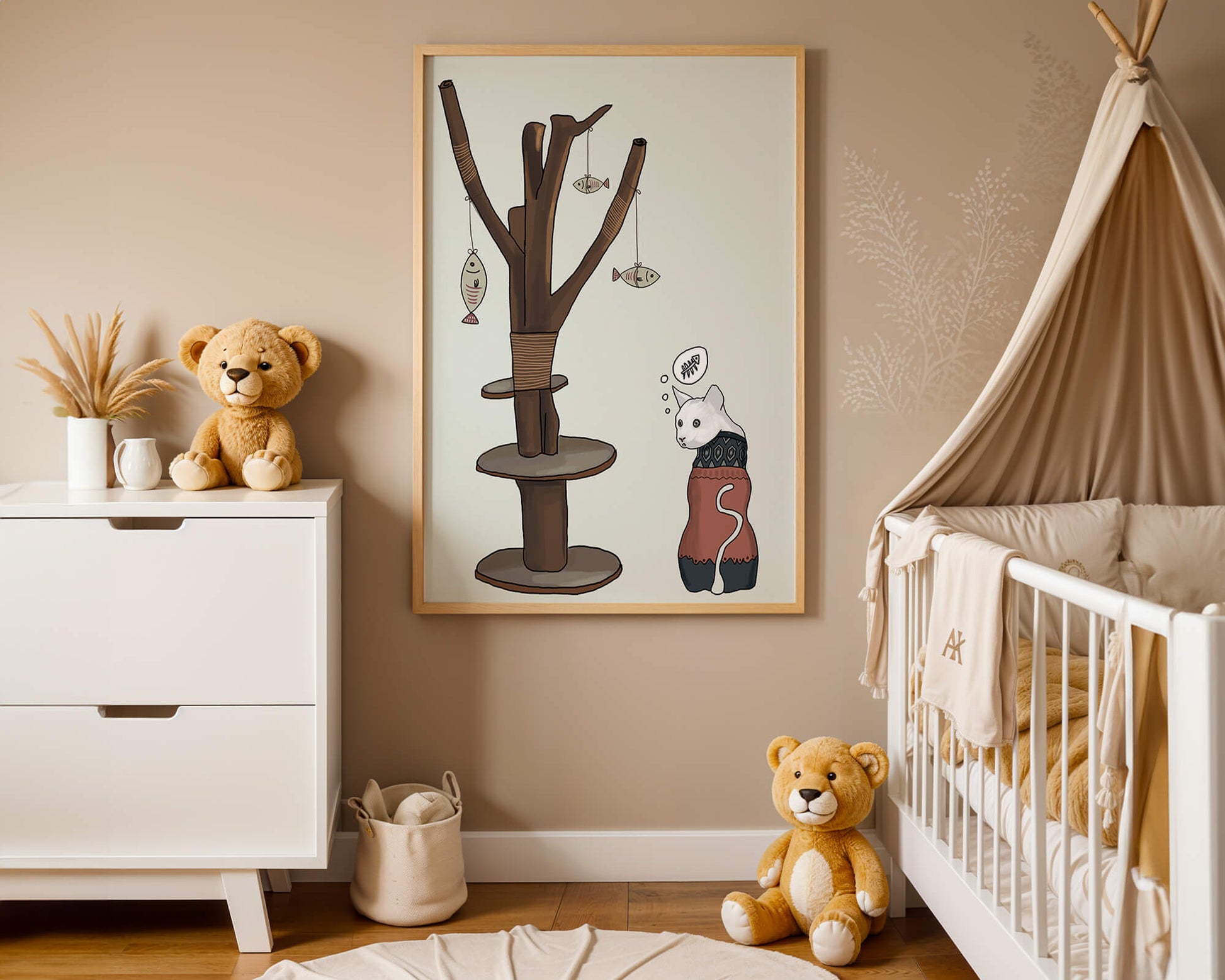 Illustration of a cat tree with a thoughtful cat in a sweater