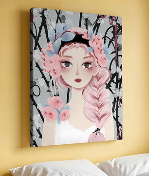Illustration of a girl with floral headpiece against abstract floral background
