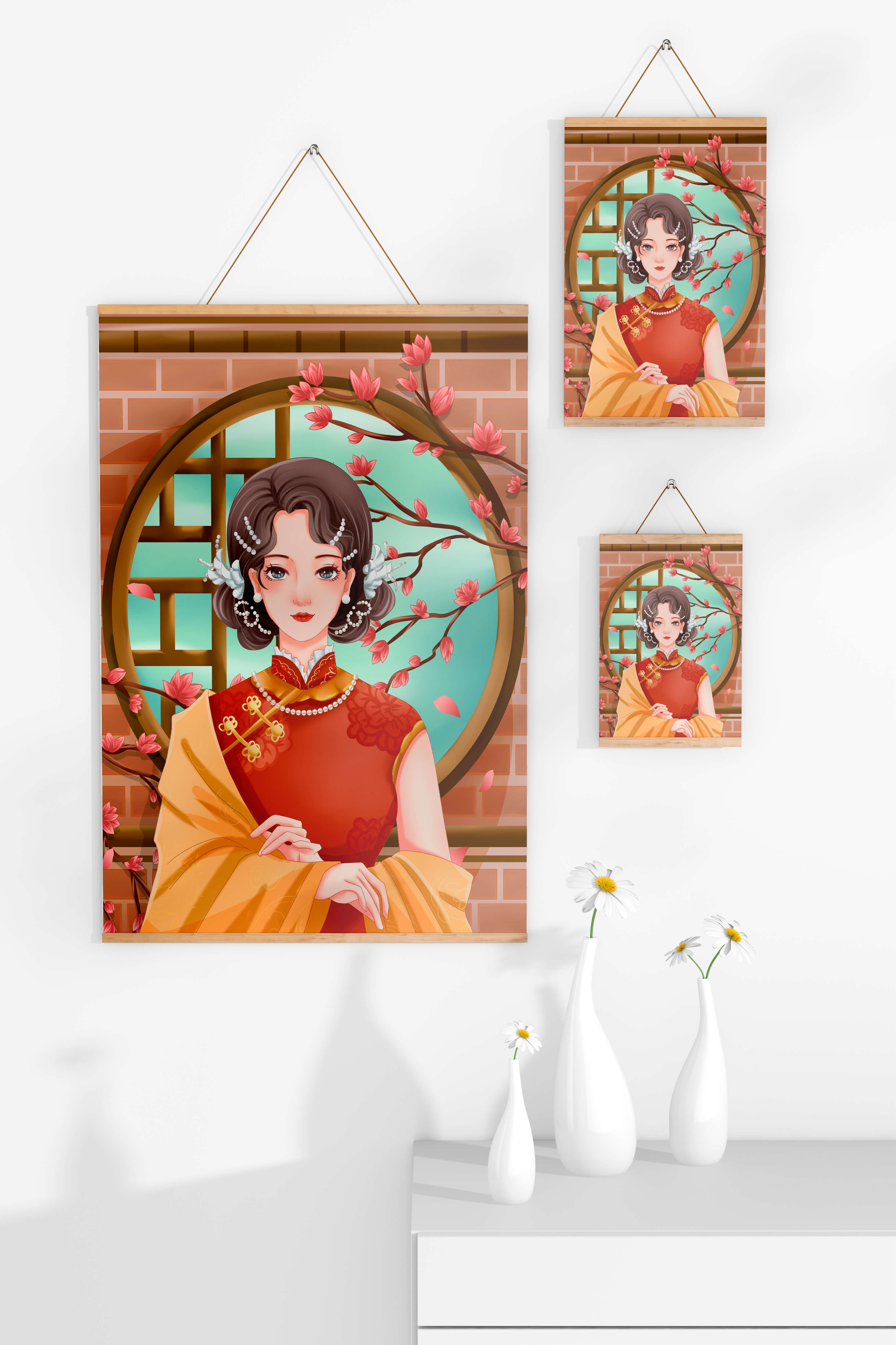 Elegant woman in traditional dress with floral background