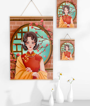 Elegant woman in traditional dress with floral background