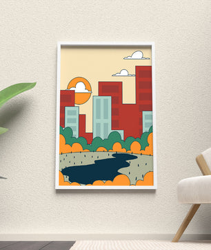 Cityscape At Sunset With Park And Lake