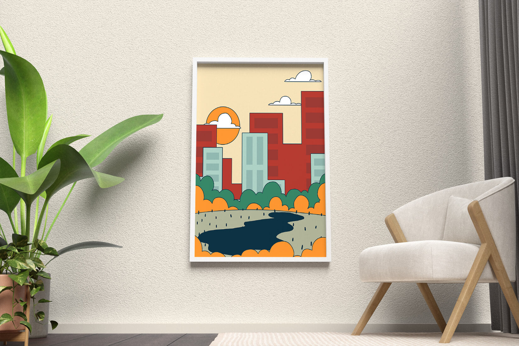 Cityscape At Sunset With Park And Lake