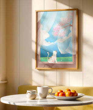 Serene scene with cat gazing out at cherry blossoms through window