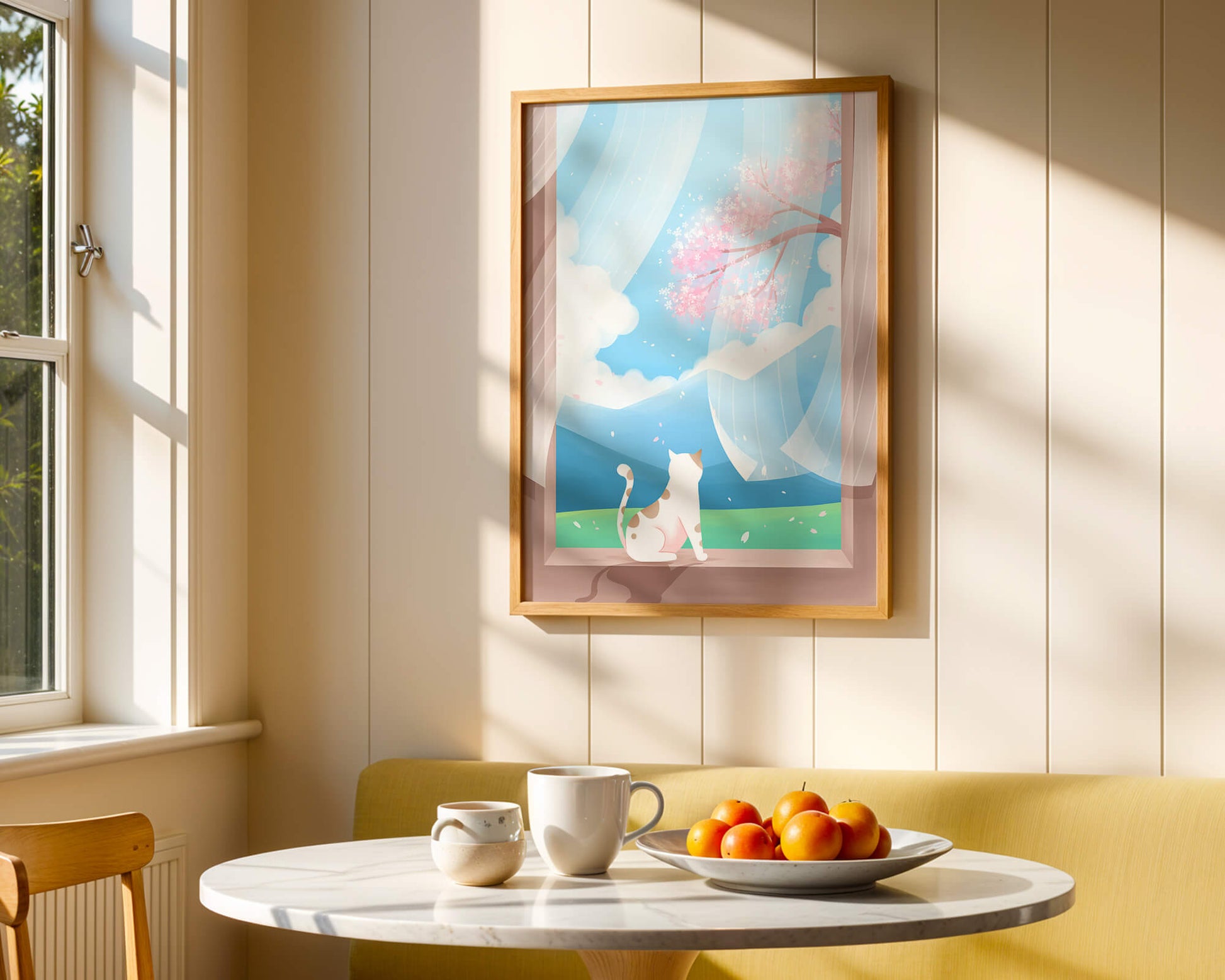 Serene scene with cat gazing out at cherry blossoms through window
