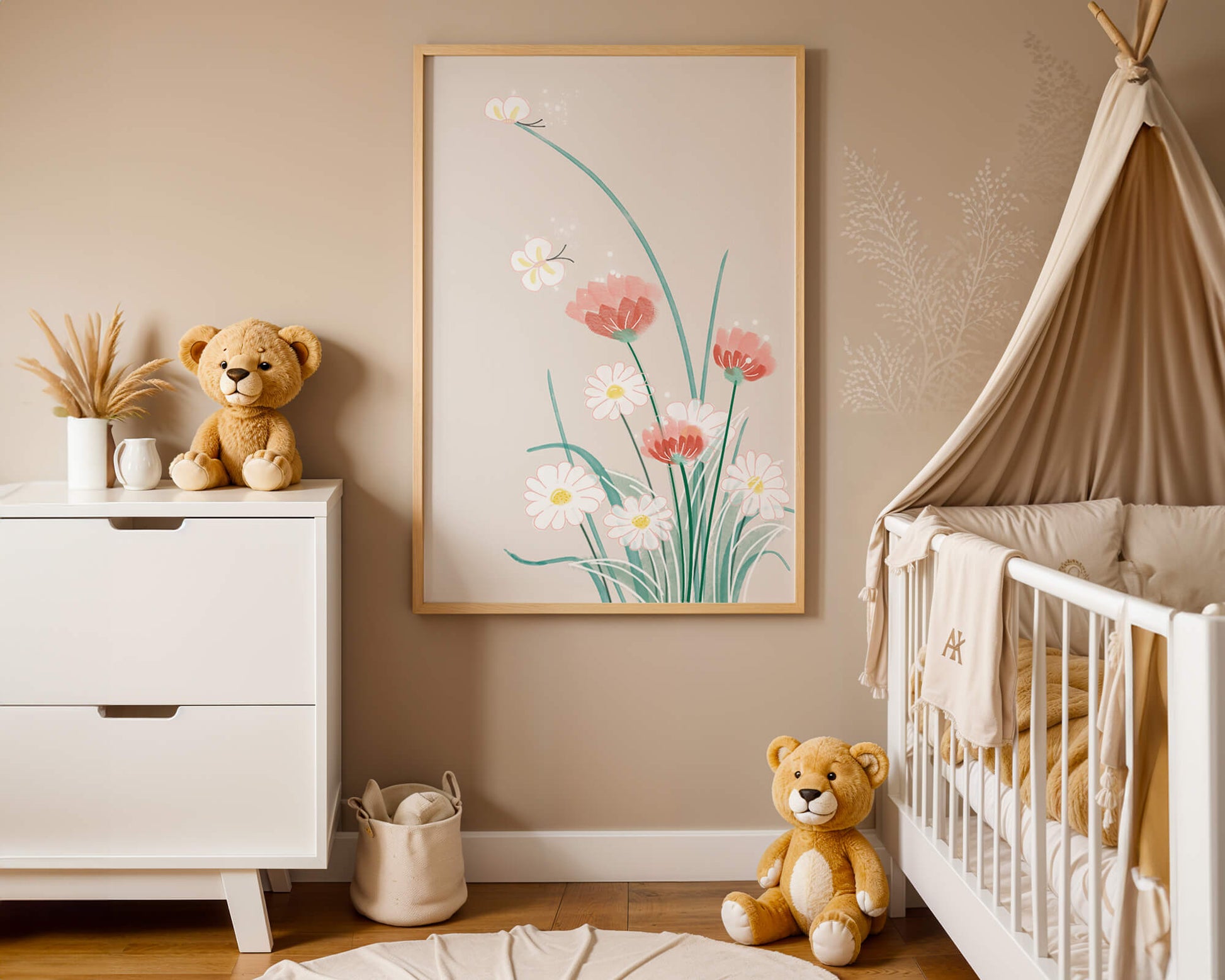 Delicate floral illustration with butterflies and wildflowers