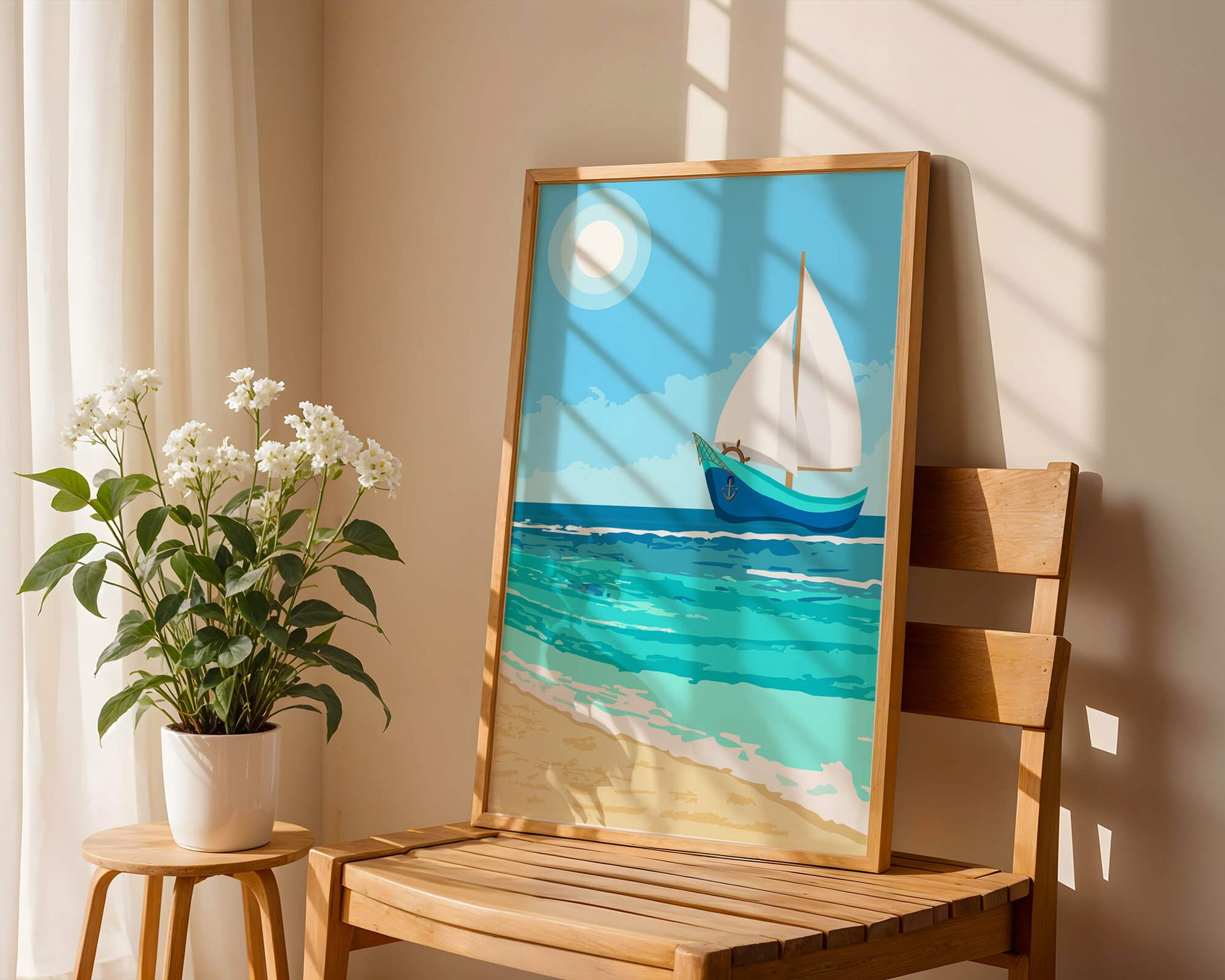 Serene ocean scenery with sailboat under the sun