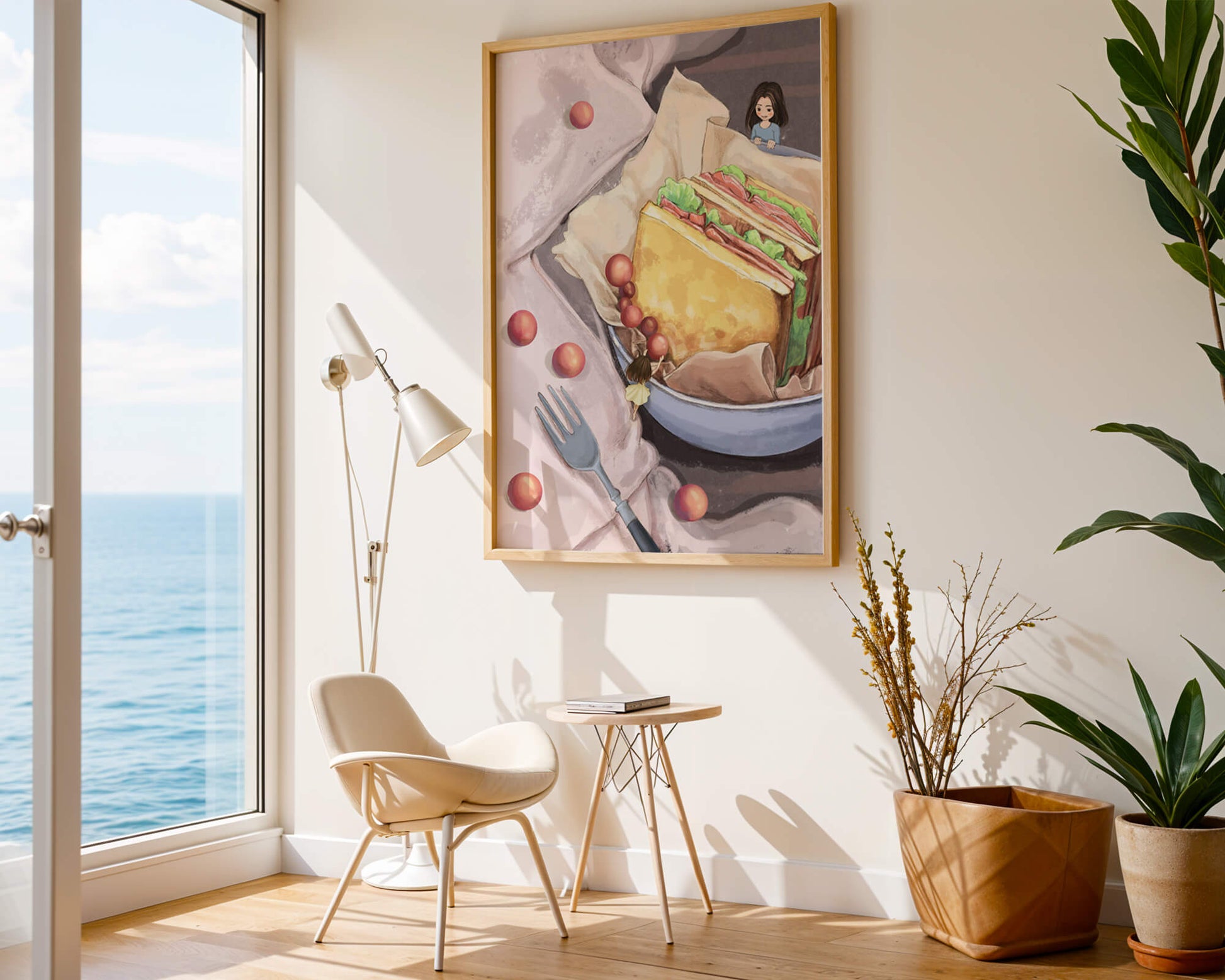 Niñas miniatura caprichosas cerca de un sándwich con tomates y tenedor