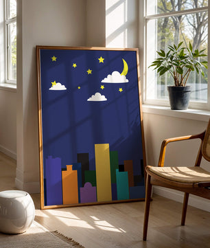 Night cityscape with colorful buildings and starry sky