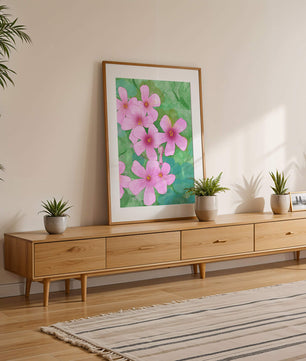 Zarte rosa Blüten auf einem leuchtend grünen Hintergrund Illustration