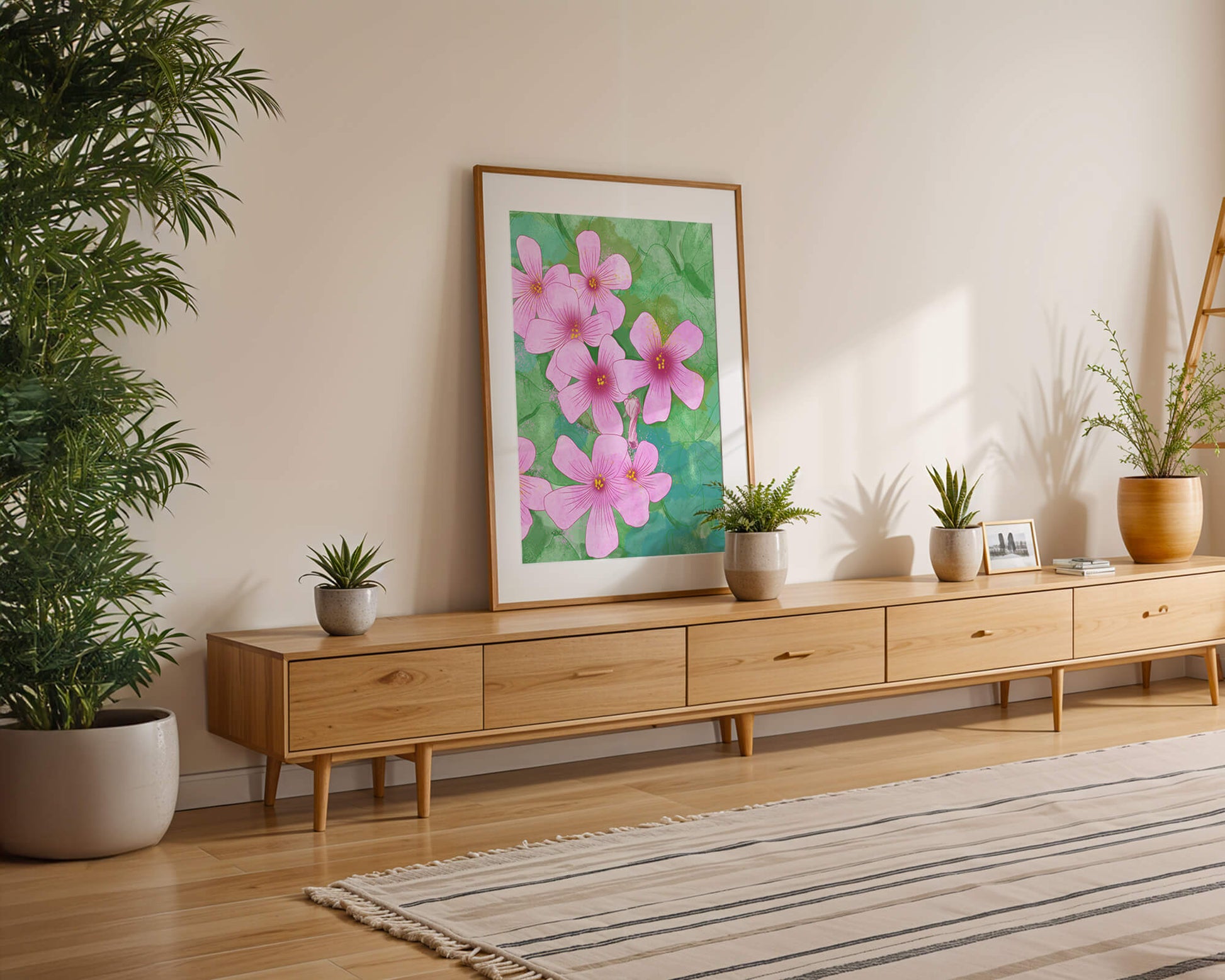 Zarte rosa Blüten auf einem leuchtend grünen Hintergrund Illustration