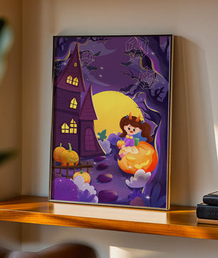Charming Halloween scene with a girl on a pumpkin near a haunted house