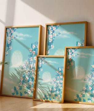 Flores primaverales serenas contra un cielo pastel con suave luz solar