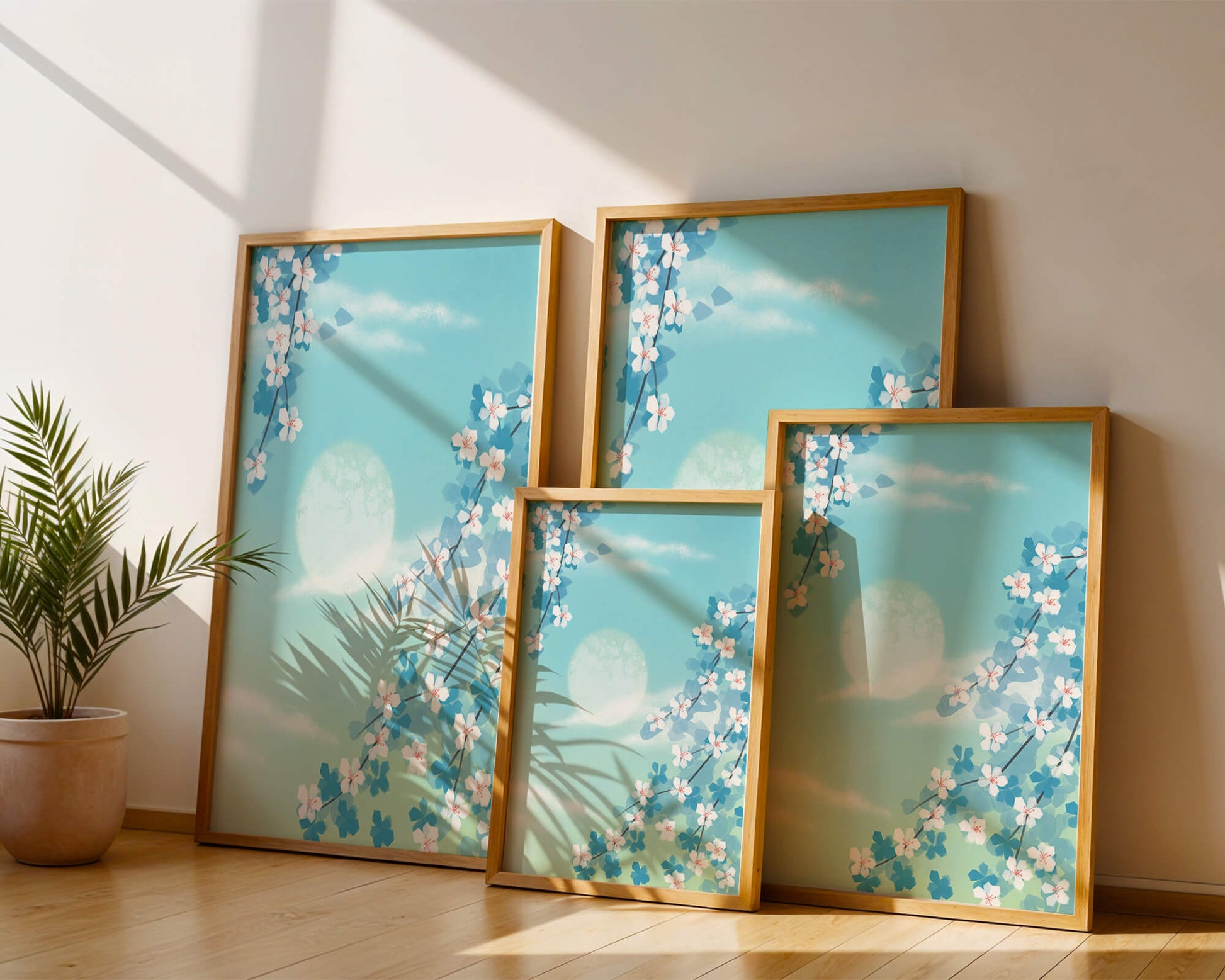 Serene spring blossoms against a pastel sky with gentle sunlight