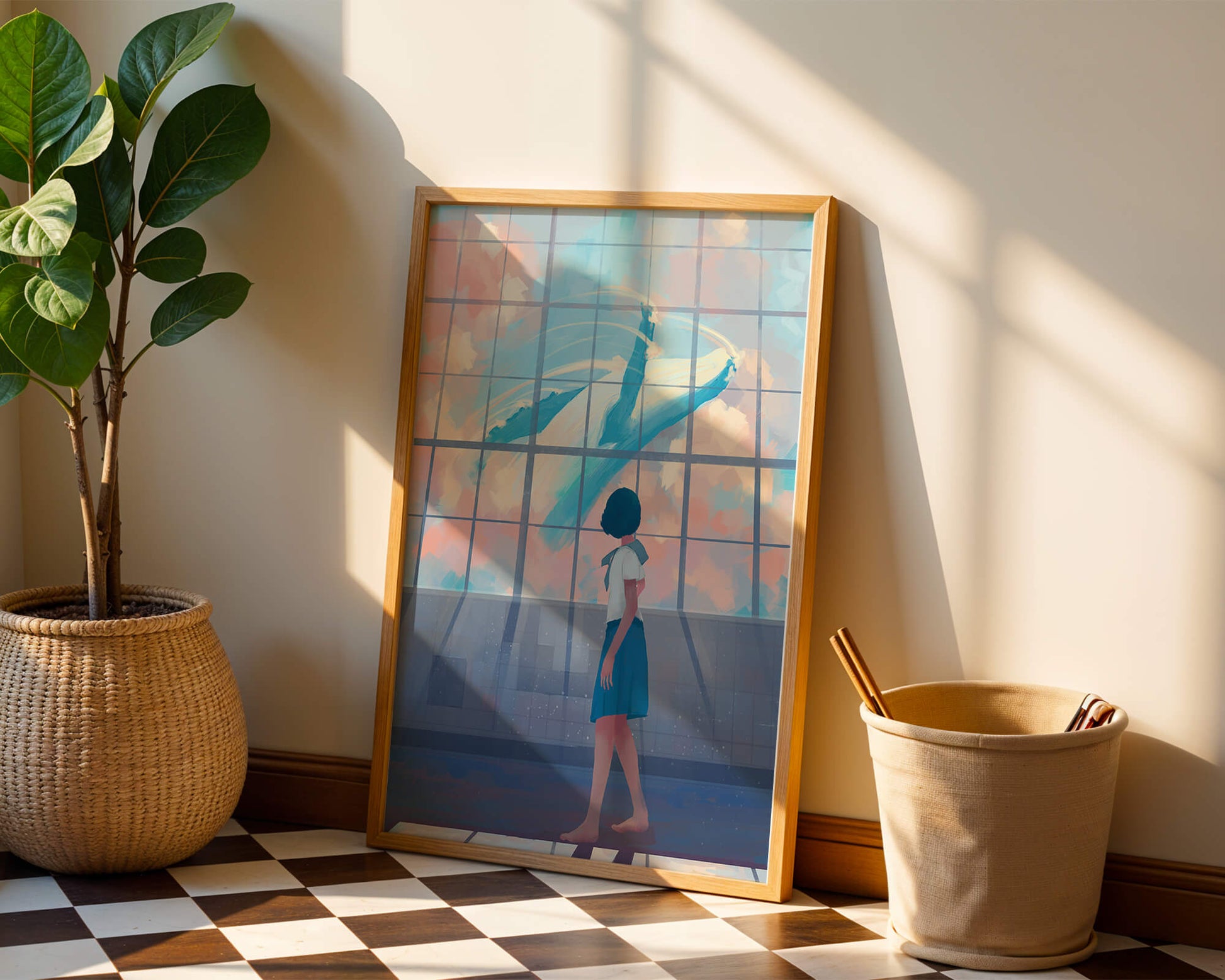 Young girl looking at a giant whale through a large window