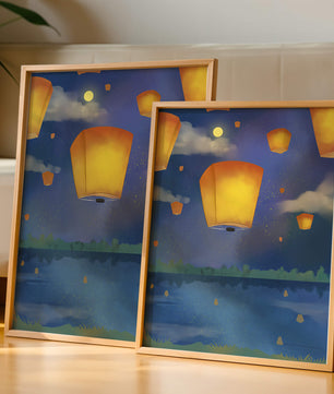 Lanterns Floating in Night Sky over Reflective Lake