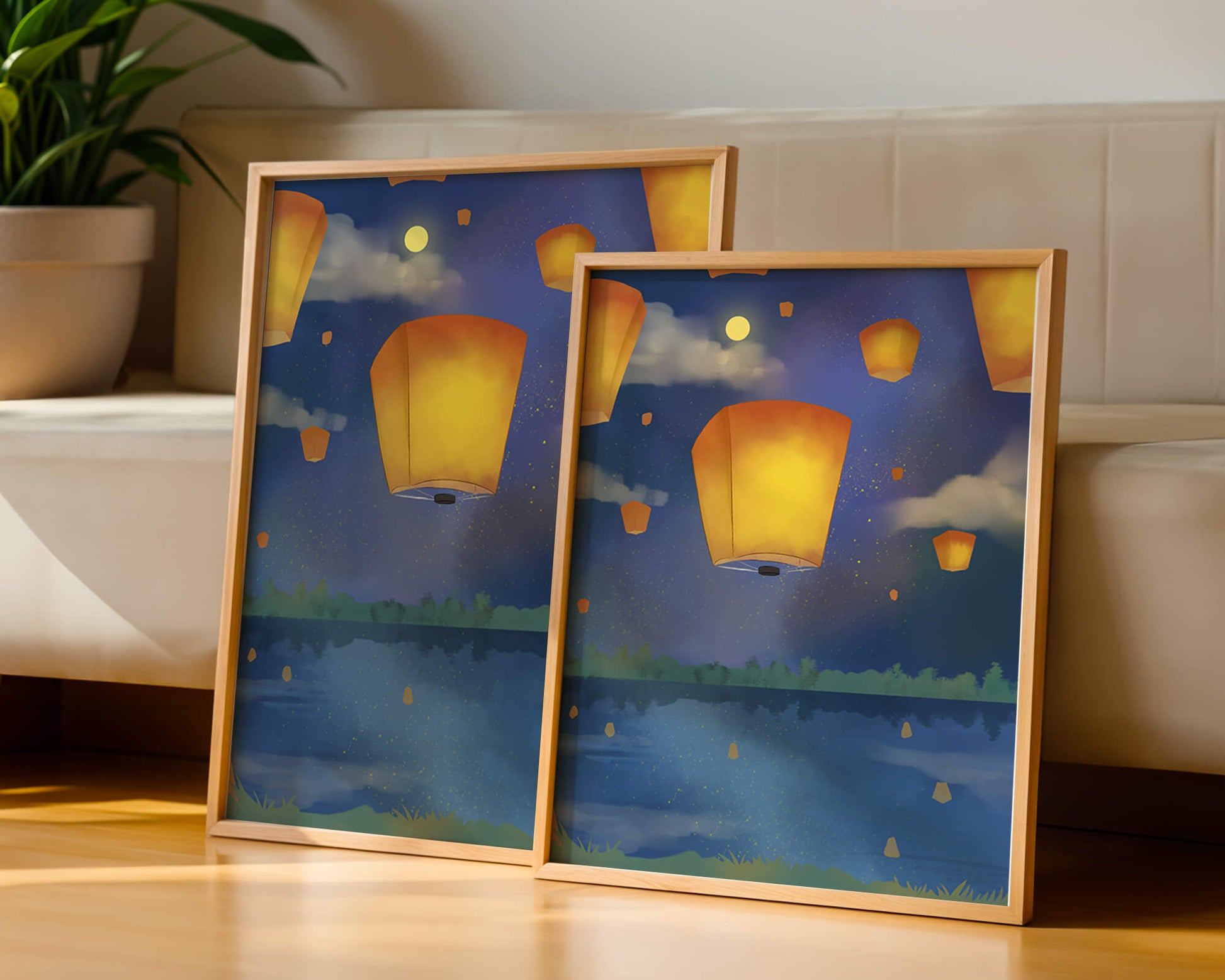 Lanterns Floating in Night Sky over Reflective Lake