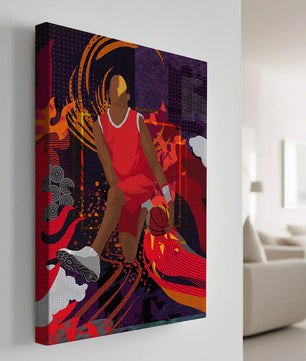 Ilustración dinámica de un jugador de baloncesto en movimiento con patrones abstractos