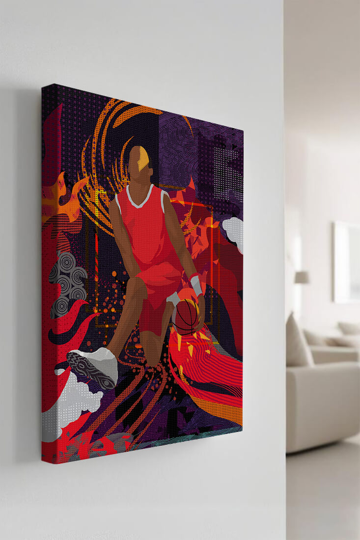 Dynamic illustration of a basketball player in motion with abstract patterns