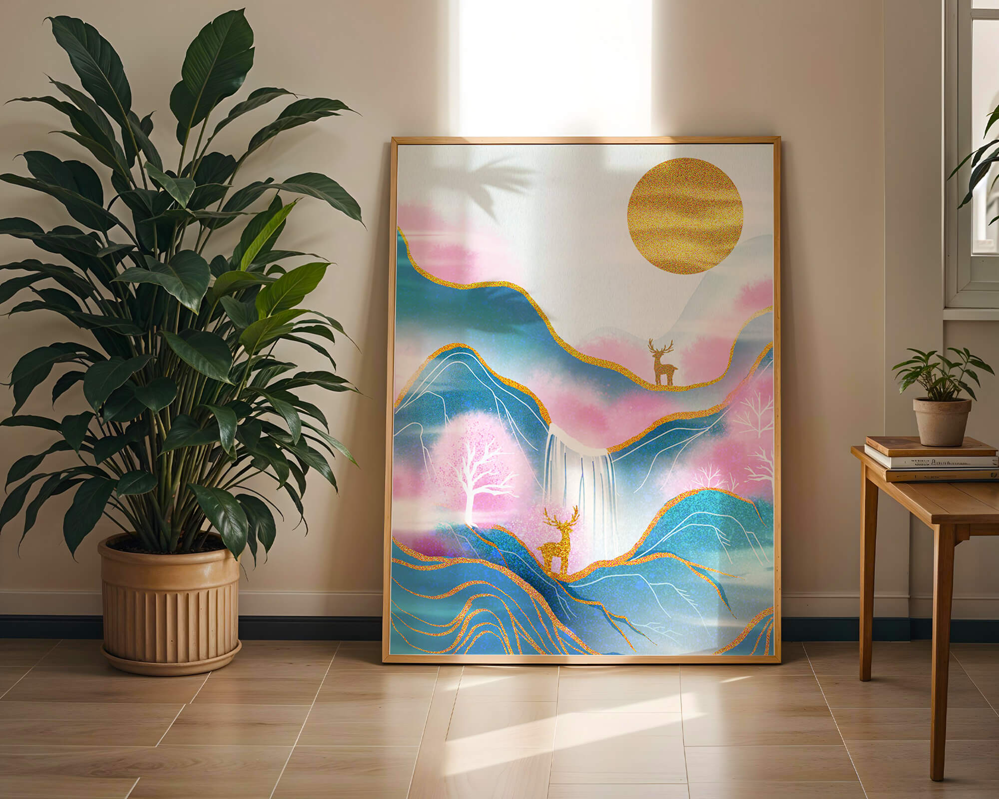 Golden deer in a pastel mountain landscape with pink skies