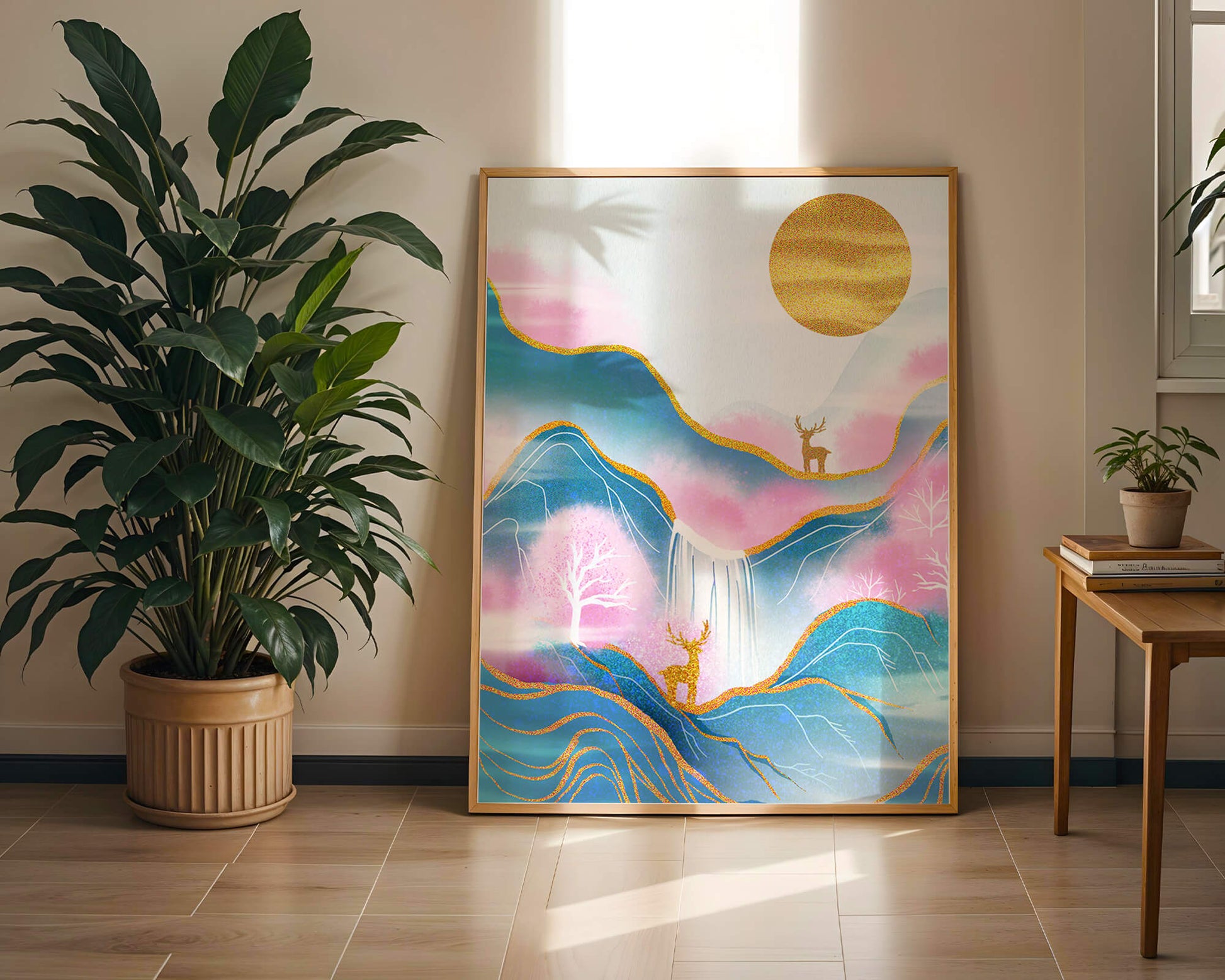 Golden deer in a pastel mountain landscape with pink skies