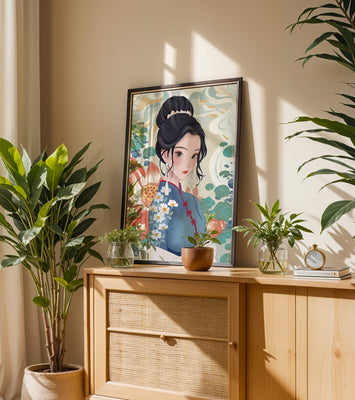 An Elegant Woman in Traditional Oriental Dress with Floral Patterns and Lotus Flowers
