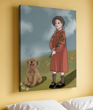 Jeune fille avec des tresses tenant des fleurs à côté d’un chiot heureux dans un champ paisible