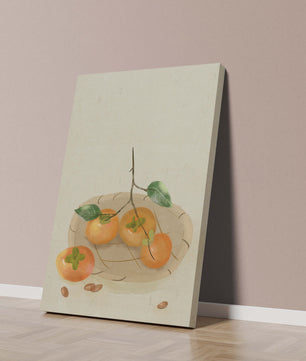 Still Life with Persimmons and Branch on a Neutral Background