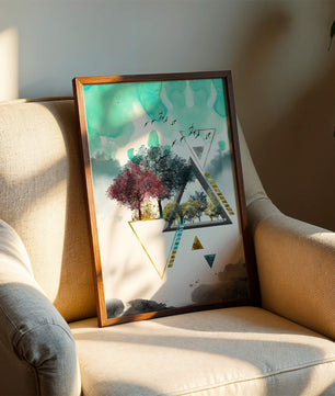 Abstract Geometric Landscape with Vibrant Trees and Birds - Mi tienda