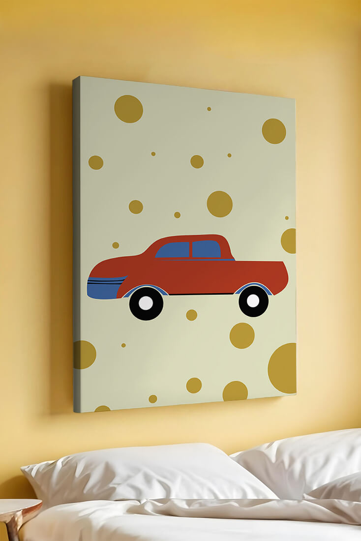Abstract illustration of a red car with golden circles on a beige background
