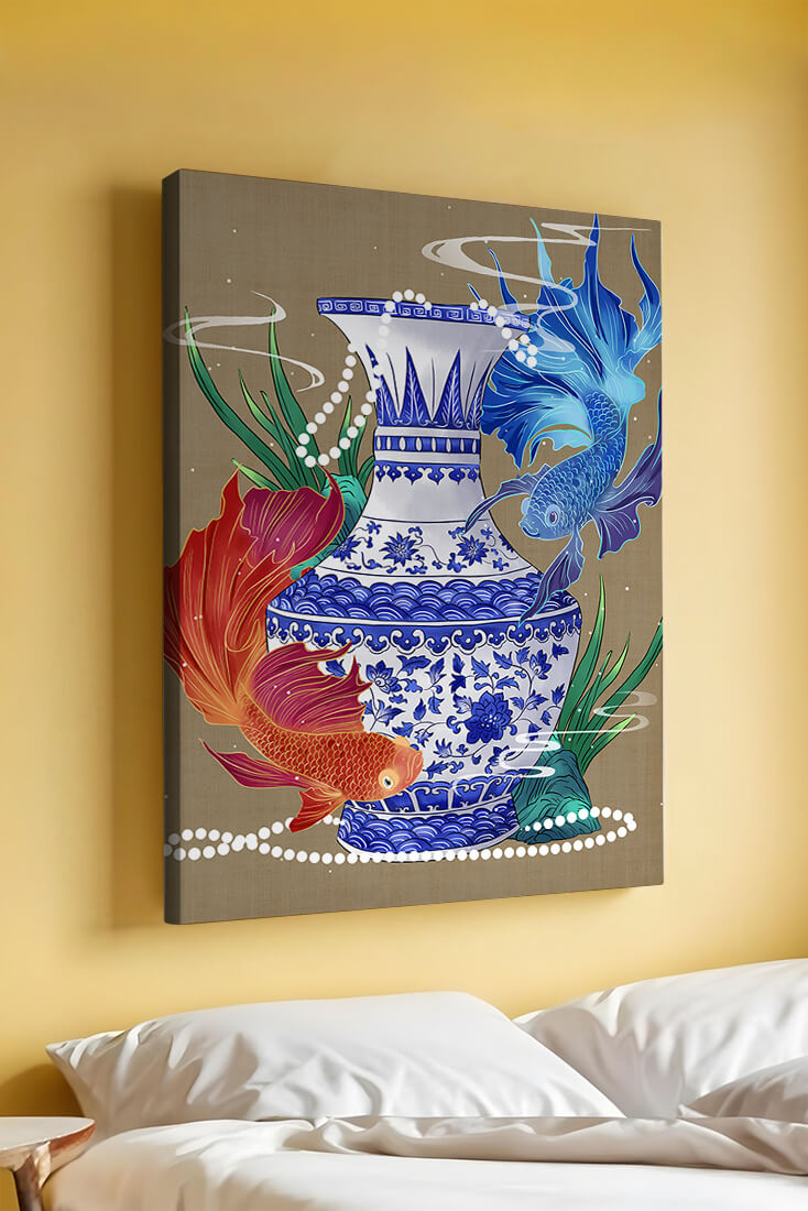 Elegant ceramic vase with vibrant fish and floral design