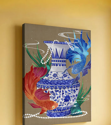 Elegant ceramic vase with vibrant fish and floral design