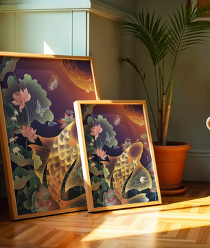 Bunte Koi-Fische mit Lotusblumen und Schmetterlingen bei Sonnenuntergang