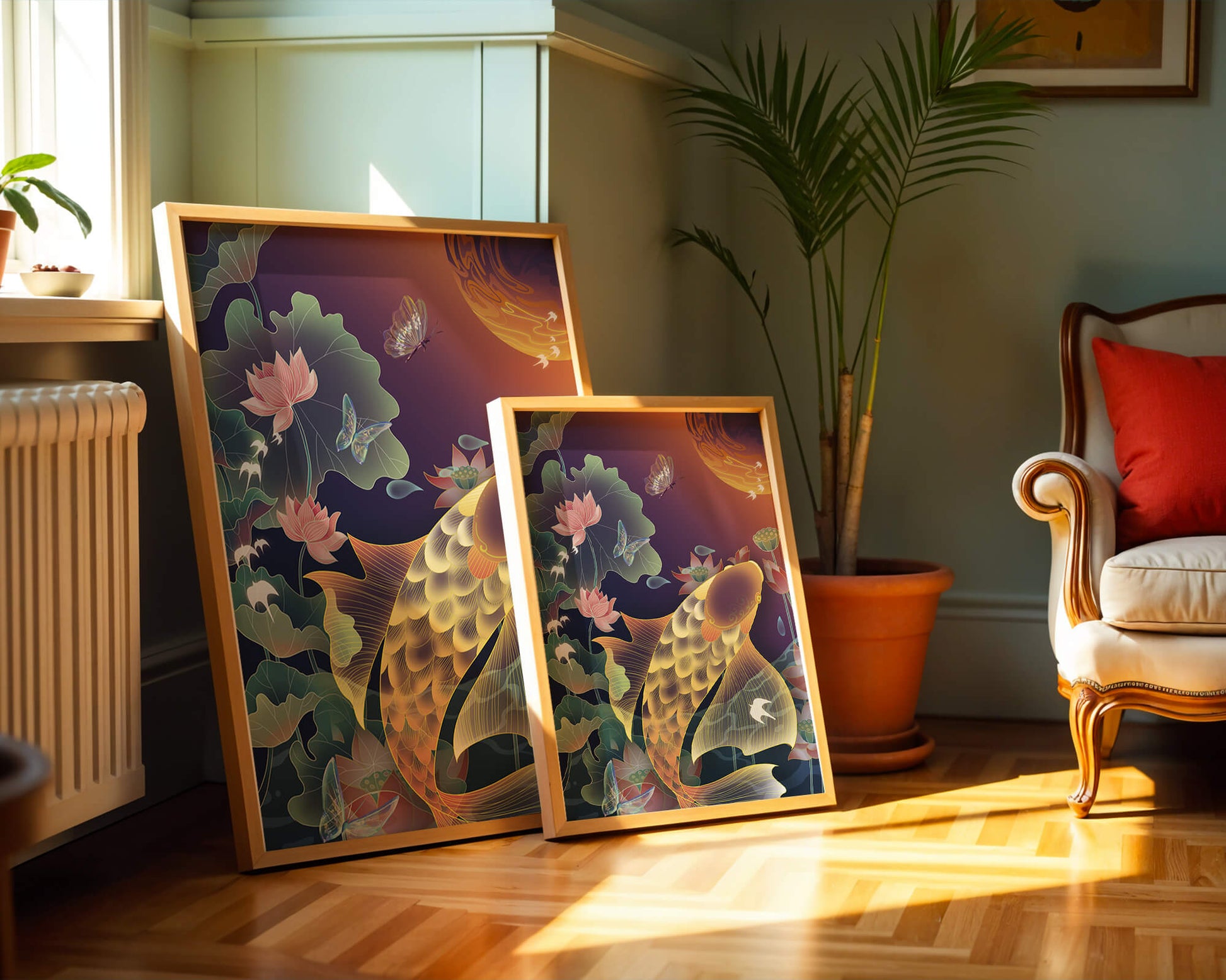 Bunte Koi-Fische mit Lotusblumen und Schmetterlingen bei Sonnenuntergang