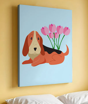 Illustration eines Basset Hound mit rosa Blumen auf hellblauem Hintergrund