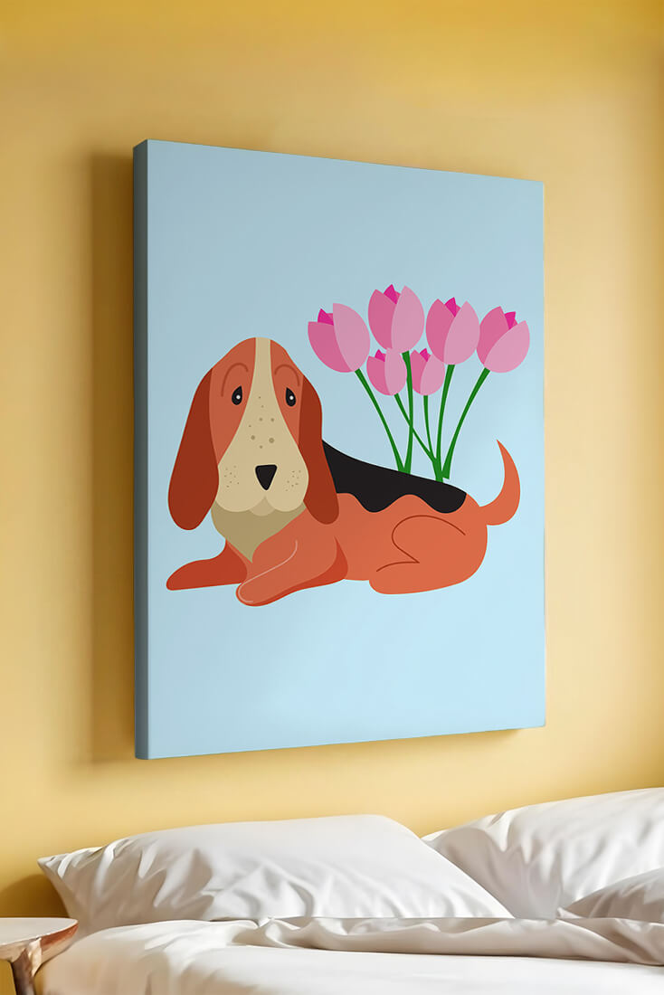 Illustration eines Basset Hound mit rosa Blumen auf hellblauem Hintergrund