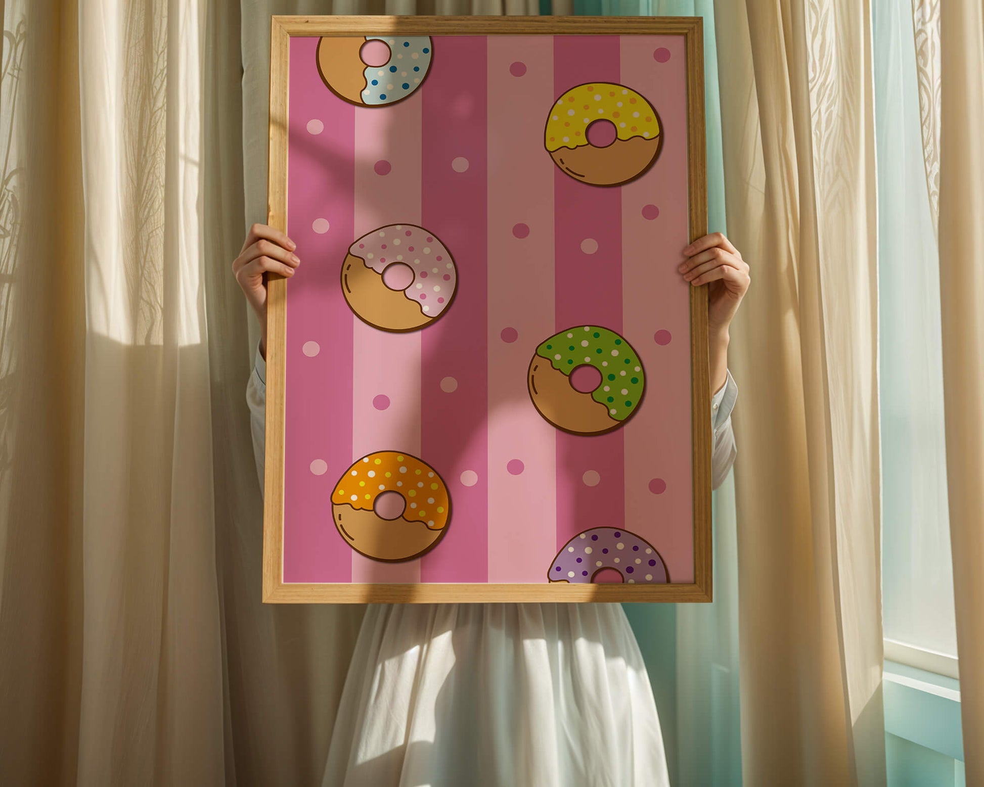 Colorful donut pattern on pink striped background
