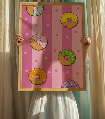Colorful donut pattern on pink striped background