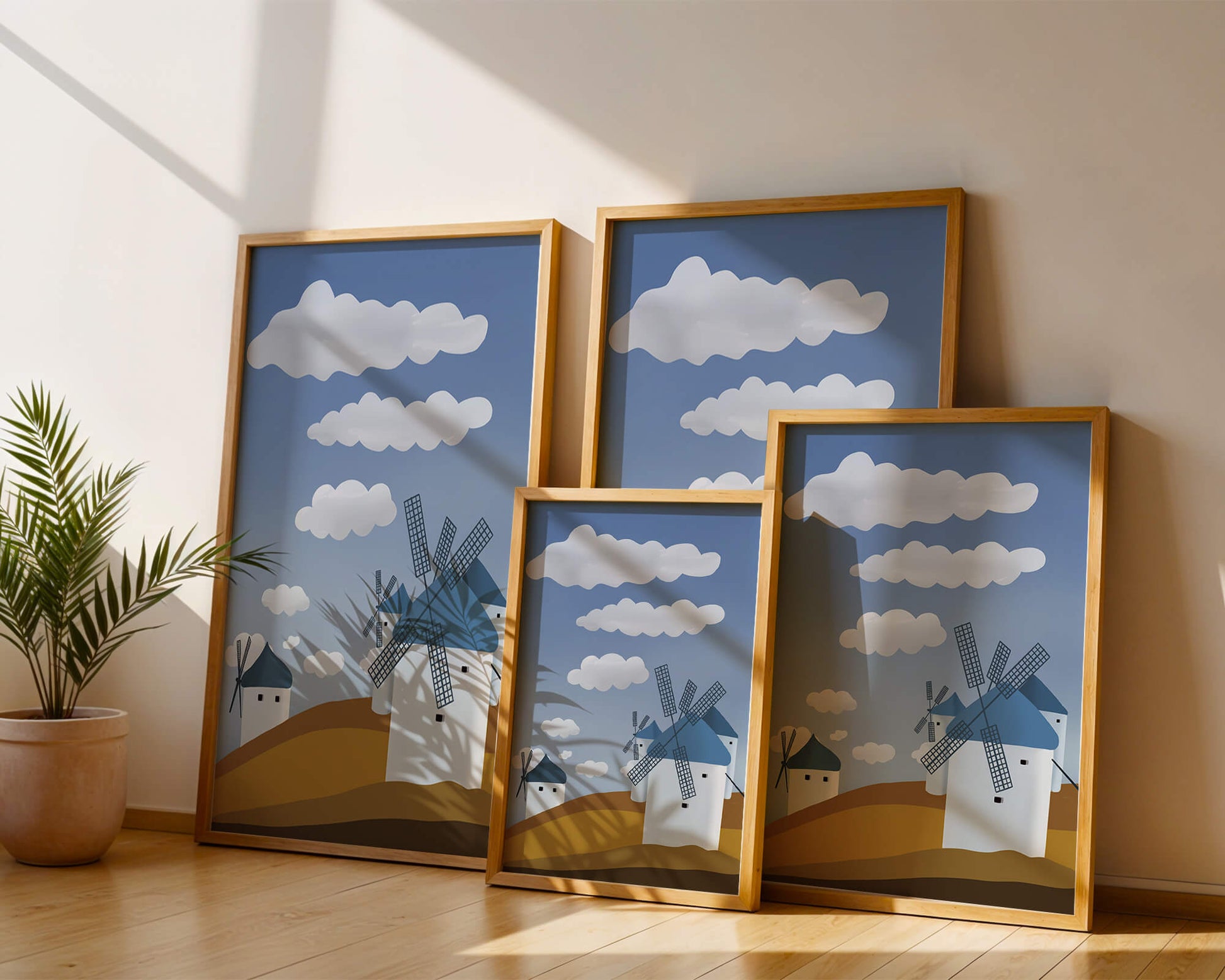 Scenic Windmills on a Sunny Day with Blue Skies and Clouds