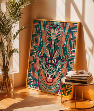 Patrón geométrico de animales con toro y cobra en colores vibrantes