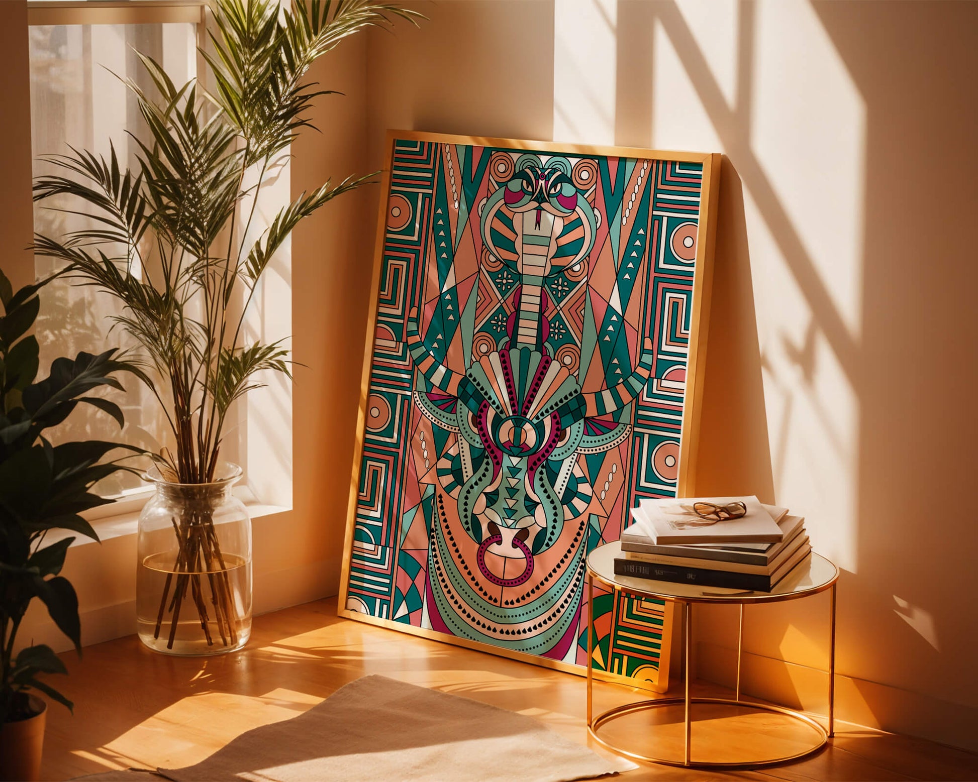 Patrón geométrico de animales con toro y cobra en colores vibrantes