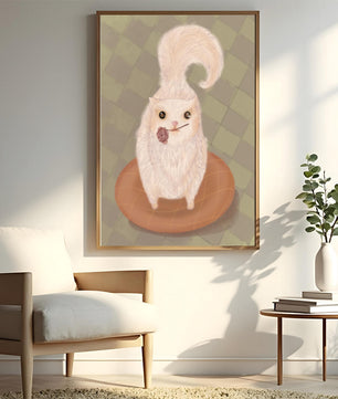 Illustration of fluffy cat with rose on a cushion