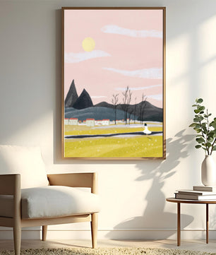 Serene landscape with mountains, village, and a girl under a pink sky
