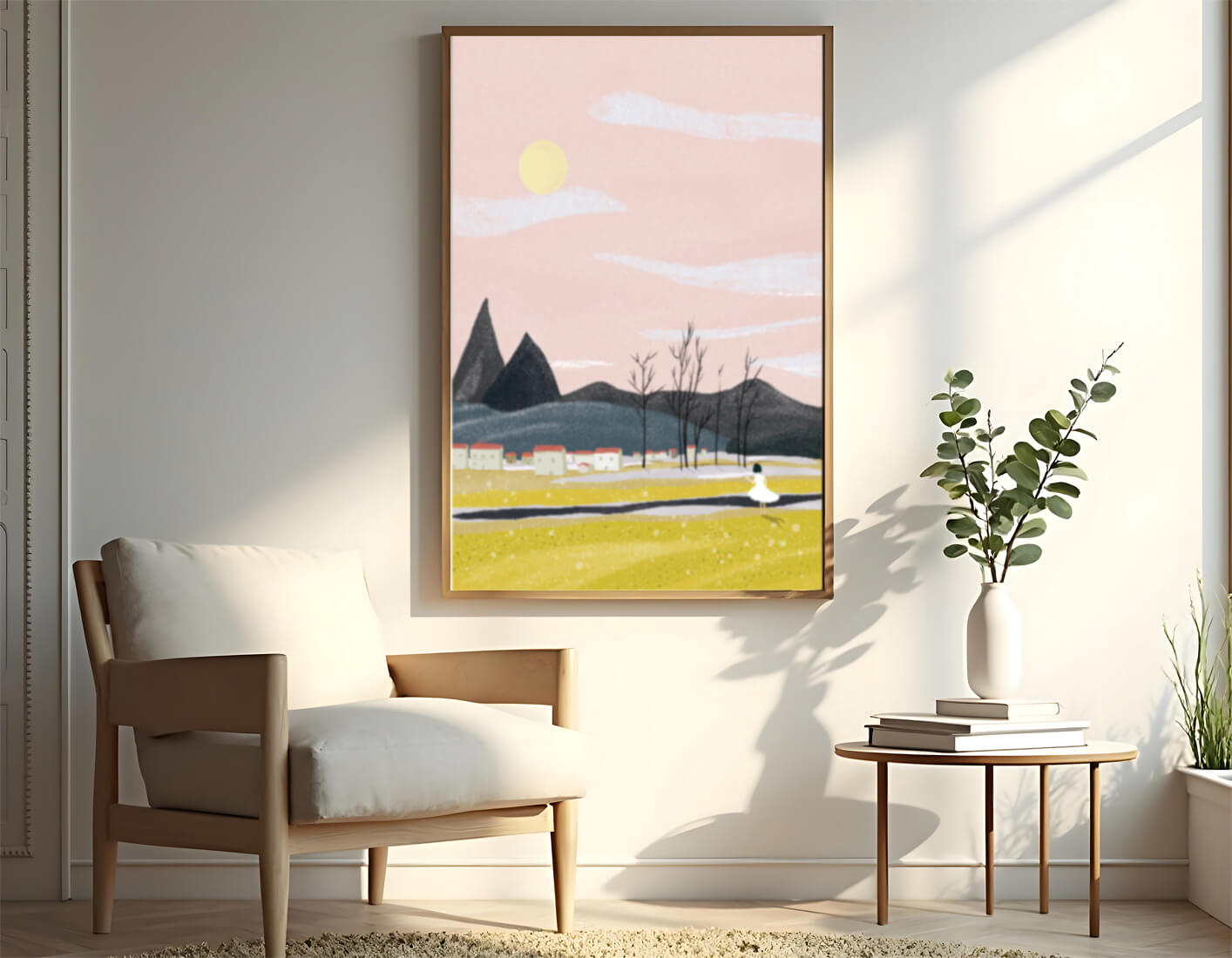 Serene landscape with mountains, village, and a girl under a pink sky