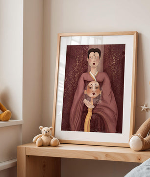 Ilustración de una figura mística con máscara y fondo ornamentado