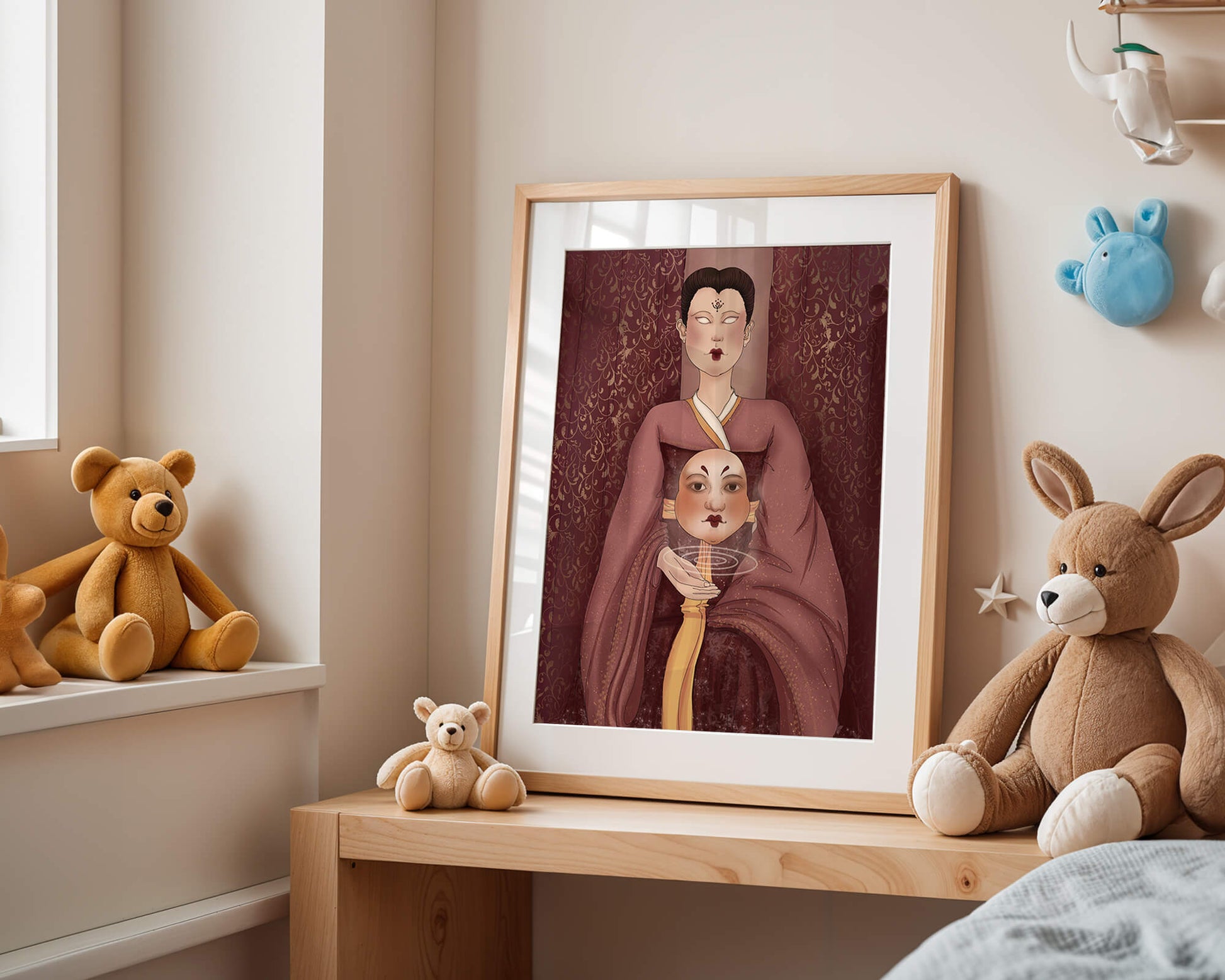 Ilustración de una figura mística con máscara y fondo ornamentado