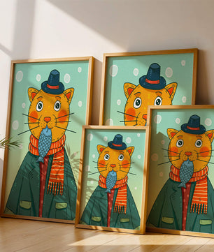 Gato caprichoso vestido con atuendo invernal colorido